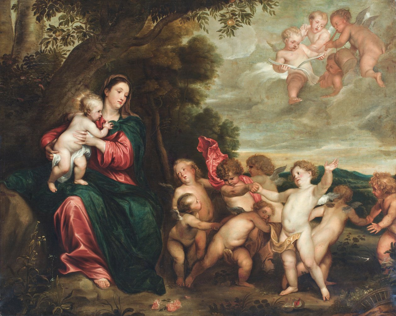 La Madonna col Bambino in un paesaggio salutato dal Battista bambino e dagli angeli (olio su tela). da Anthony van (circle of) Dyck
