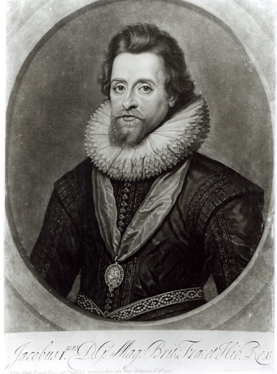 Ritratto di Giacomo I dopo un miniatura di Nicholas Hilliard del 1617, inciso da George Vertue da Anthony van Dyck