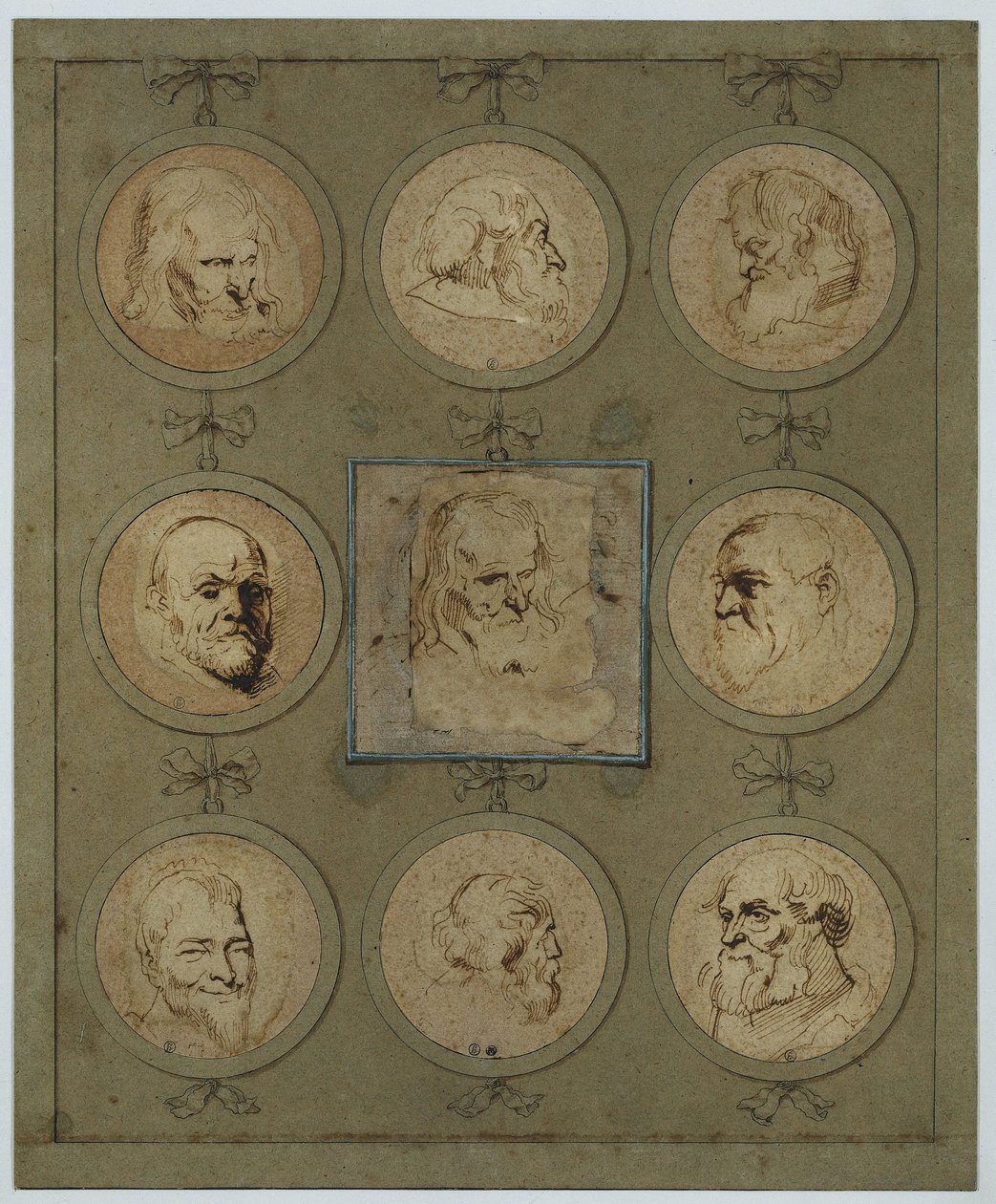 Foglio di raccolta con nove teste di studio in medaglioni da Anthony van Dyck