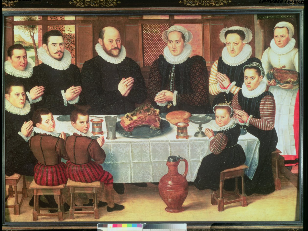 Una famiglia che dice la grazia prima del pasto da Anthuenis Claeissins or Claeissens
