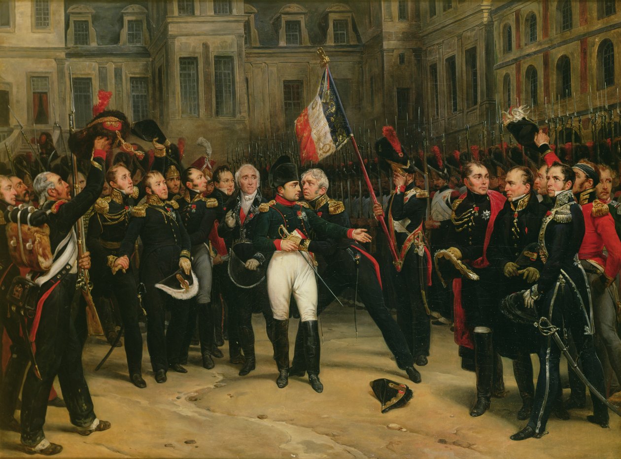 Napoleone I (1769-1821) che saluta la Guardia Imperiale nel cortile del Cheval-Blanc al Castello di Fontainebleau, 20 aprile 1814, 1825 da Antoine Alphonse Montfort