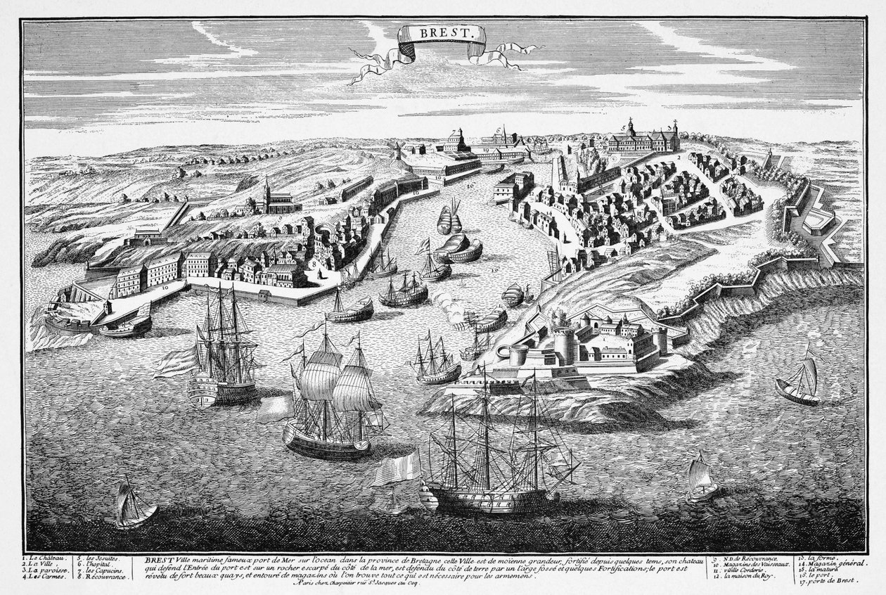 Veduta prospettica della città di Brest dal porto nel XVII secolo da Francois Antoine Aveline