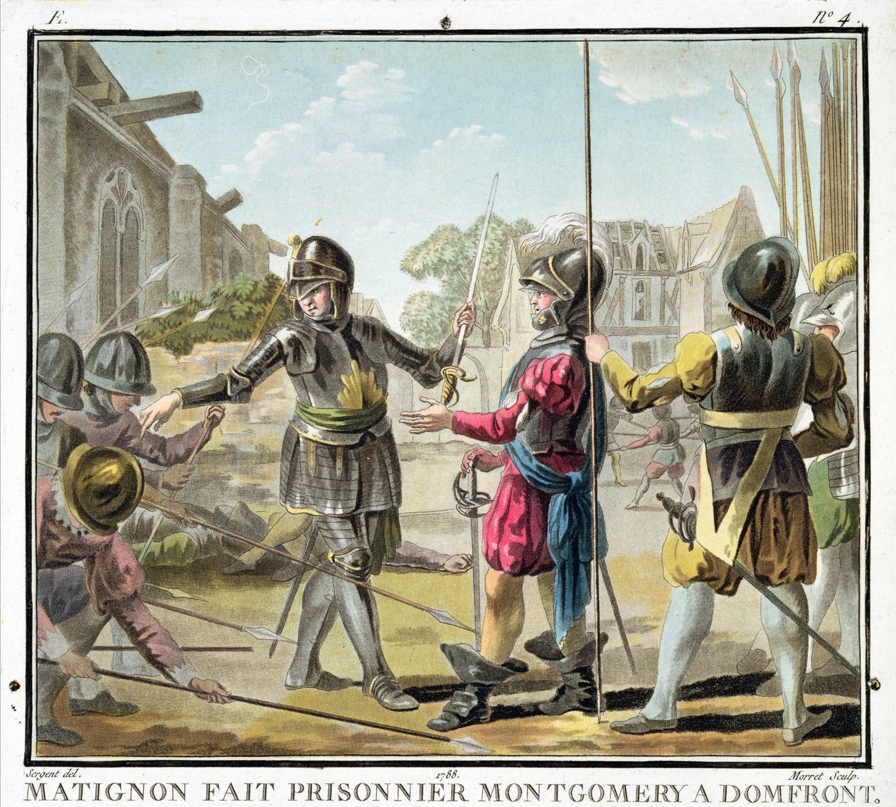 Jacques il Goyon, Signore di Matignon, prende Montgomery prigioniero a Domfront, inciso da Jean Baptiste Morret, 1788 da Antoine Louis Francois Sergent Marceau
