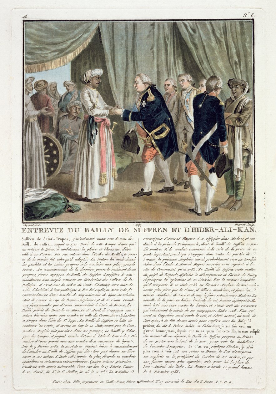 Incontro di Pierre Andre de Suffren de Saint Tropez e Haider Ali, 1782, inciso da Jean Baptiste Morret, 1789 da Antoine Louis Francois Sergent Marceau