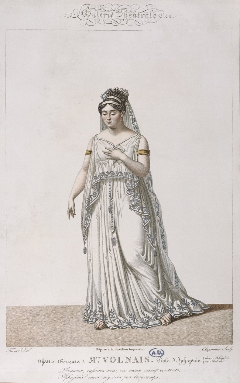 Ritratto di Madame Volnais nel ruolo di Ifigenia, per Ifigenia in Aulide di Christoph von Gluck (1714-87) per la serie Galerie Théâtrale, c.1815 da Antoine Pierre Charles Favart