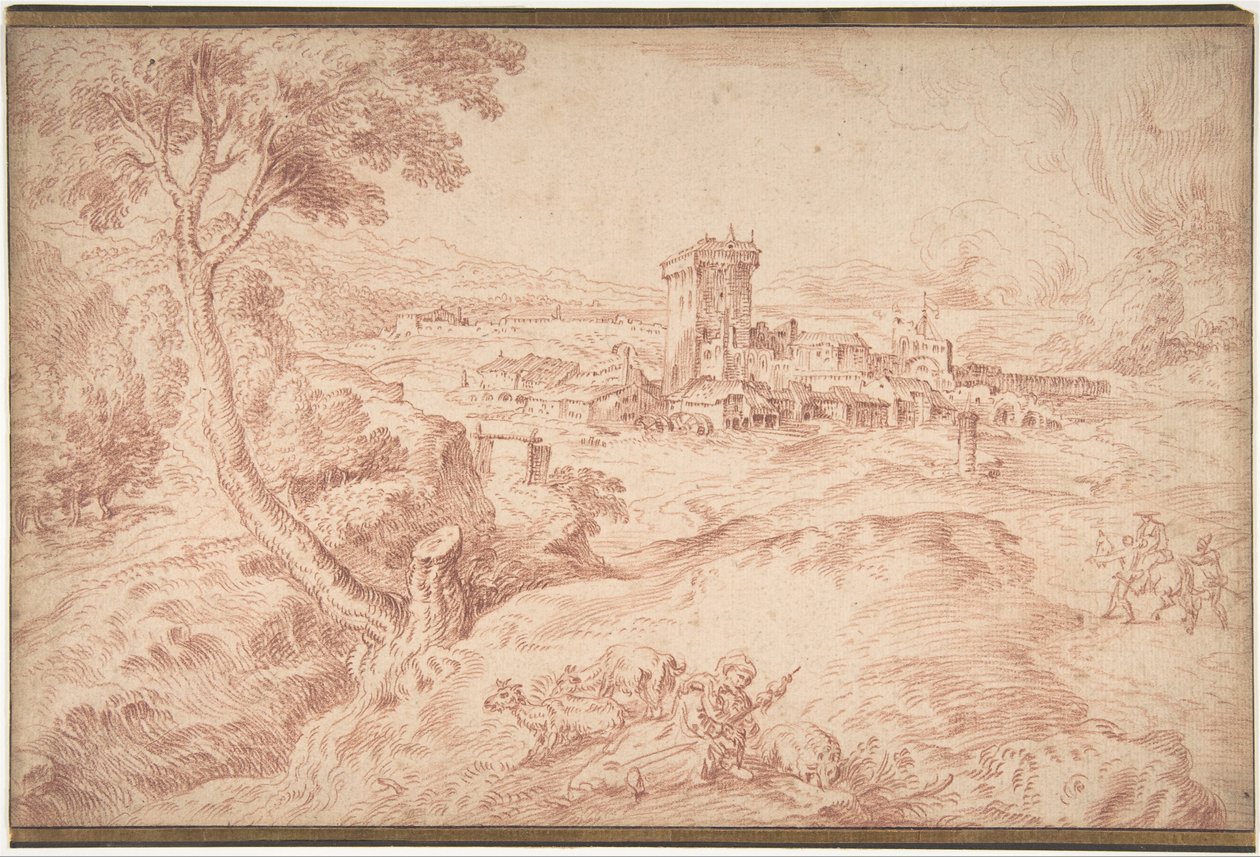 Paesaggio con una vecchia che tiene un fuso da Jean Antoine Watteau