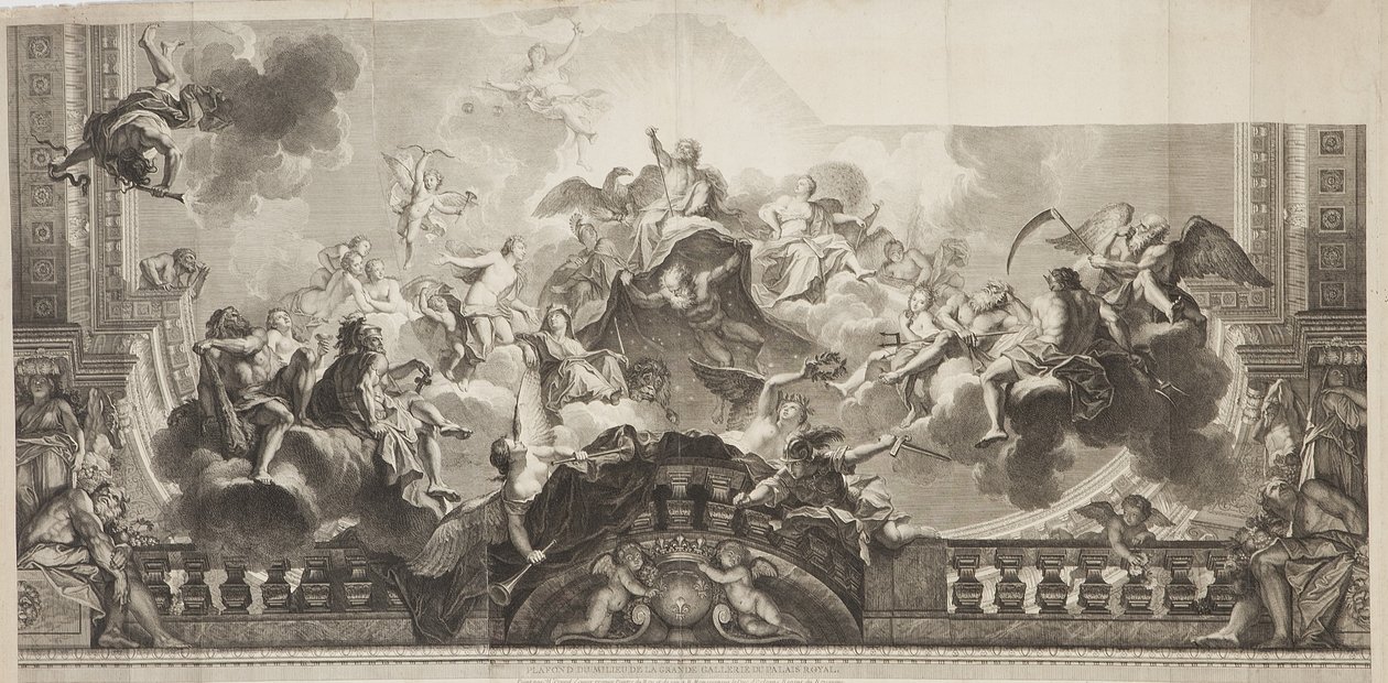 Progetto del pannello centrale del soffitto della Grand Gallery del Palais Royal, inciso da Nicolas Henri Tardieu (1674-1749) da Antoine (after) Coypel