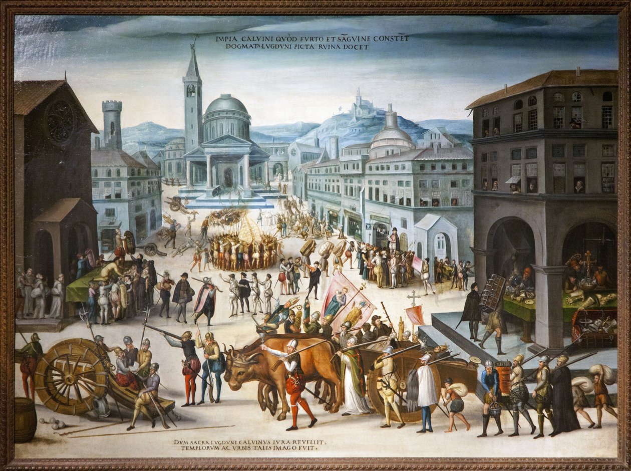 Sacco di Lione da parte dei calvinisti nel 1562. Atti iconoclastici protestanti contro il culto delle immagini religiose della Chiesa cattolica. Durante la prima guerra di religione, le riforme guidate dal Barone des Adrets presero il Municipio e i centri  da Antoine (school of) Caron