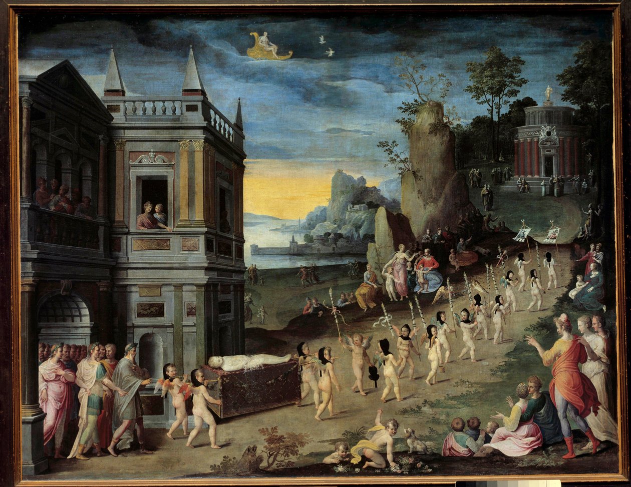 Allegoria: il funerale di Amore Un corteo funebre che trasporta il corpo di Eros è diretto verso il tempio di Venere. Dipinto della bottega di Antoine Caron (1521-1599) da Antoine (studio of) Caron