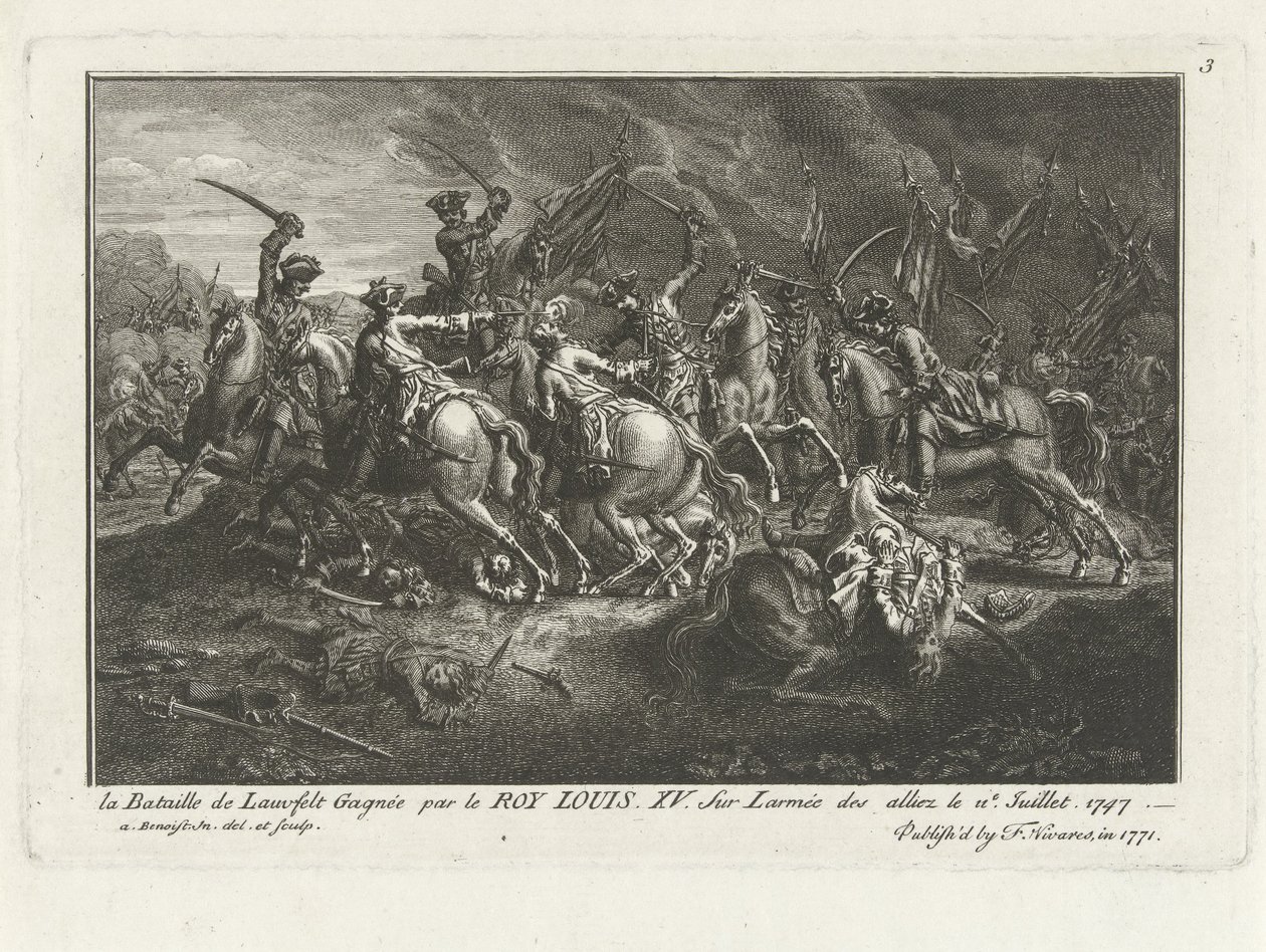 Veduta della battaglia di Lauffeldt (Lafeld, vicino a Maastricht) del 2 luglio 1747 durante la guerra di successione austriaca da Antoine Benoist