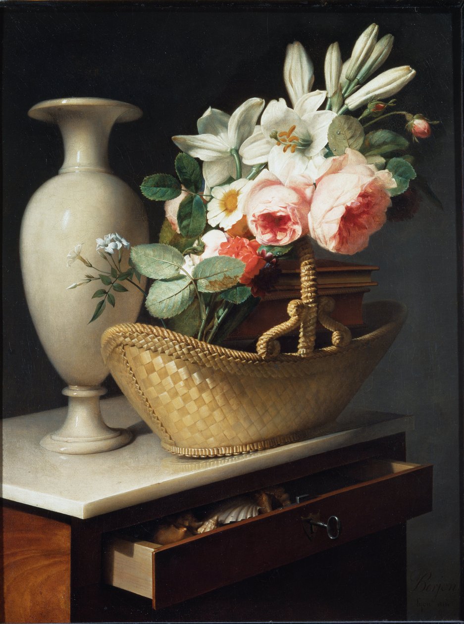 Mazzo di gigli e rose in un cesto su un panno da Antoine Berjon