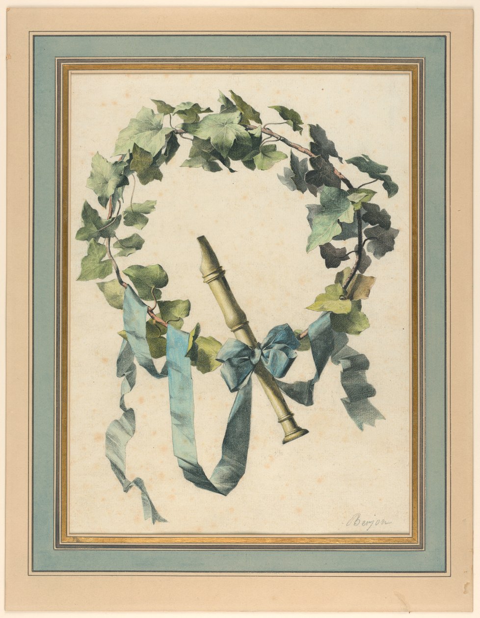 Disegno, Trofeo con flauto, edera e nastro blu, 1780-90 da Antoine Berjon