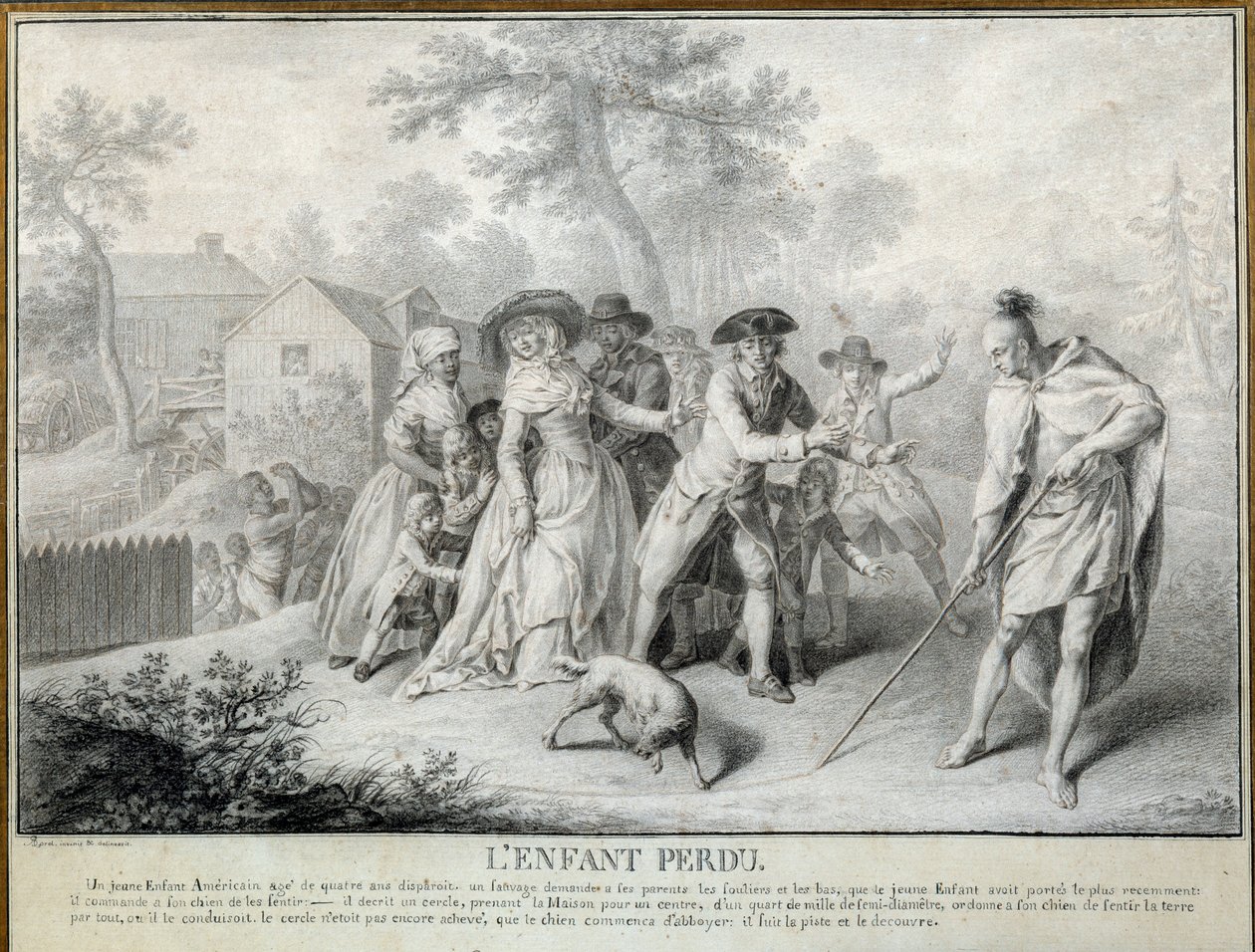 Il Bambino Perduto, Illustrazione di "Lettere da un Contadino Americano" di Saint John de Crevecoeur. Litografia di Antoine Borel (1743-1810) circa 1783. Blerancourt. Museo Franco Americano da Antoine Borel