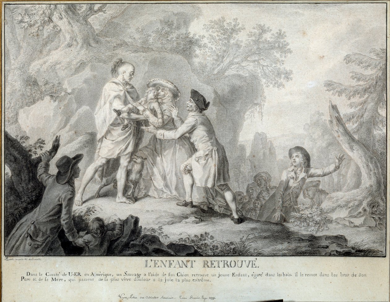 Il bambino trova Illustrazione delle "Lettere di un contadino americano" di Saint John de Crèvecoeur. Litografia di Antoine Borel (1743-1810) circa 1783. Blérancourt. Musée Franco American da Antoine Borel