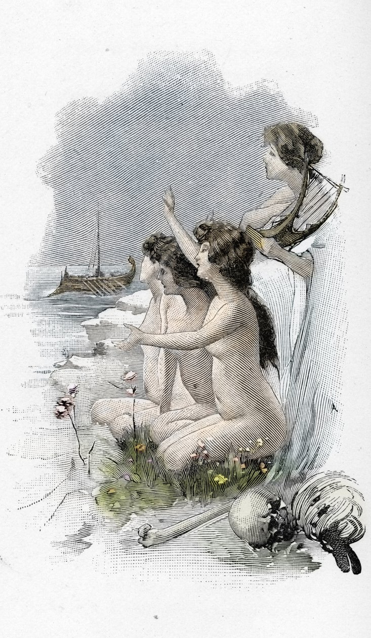 Odissea di Omero: Canto XII: Odisseo e le sirene che cantavano una canzone incantevole che normalmente faceva dirigere i marinai verso le rocce, solo per colpirle e affondare, illustrazione di Antoine Calbet per L