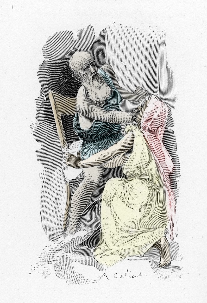 Odissea di Omero: Canto 19 "Ulisse travestito da mendicante obbliga la vecchia Euriclea che lo ha riconosciuto a tacere" Illustrazione di Antoine Calbet da Antoine Calbet