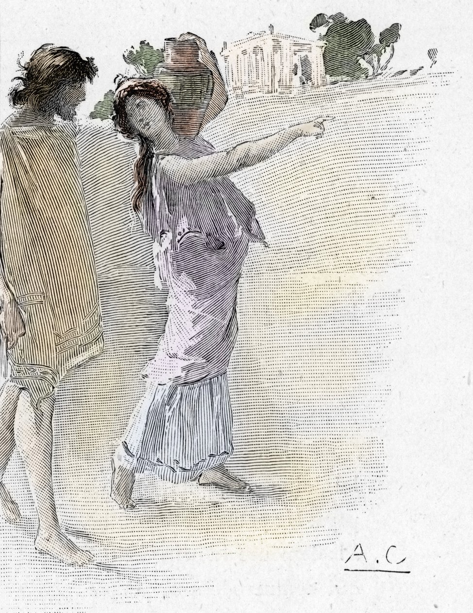 Odissea di Omero: Canto VII: Odisseo aiutato da Atena travestita da giovane ragazza arriva al palazzo di Alcinoo, illustrazione di Antoine Calbet per L