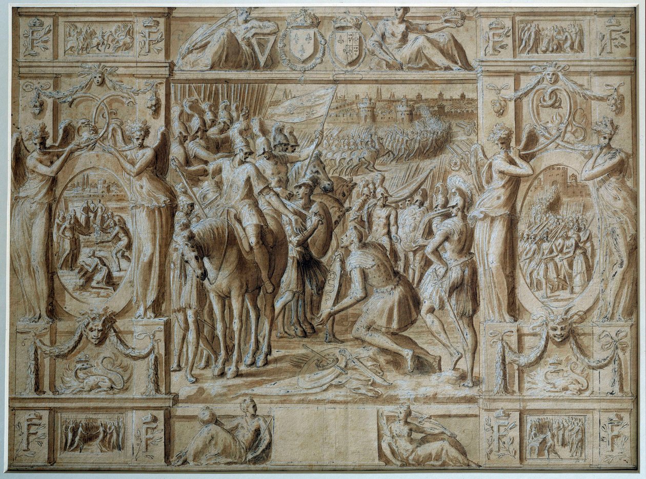 La Sottomissione di Milano Le truppe di Francesco I presero la città di Milano dopo la vittoria alla Battaglia di Marignano nel 1515. Disegno a penna e acquerello di Antoine Caron (XVI secolo) Parigi, Museo del Louvre da Antoine Caron