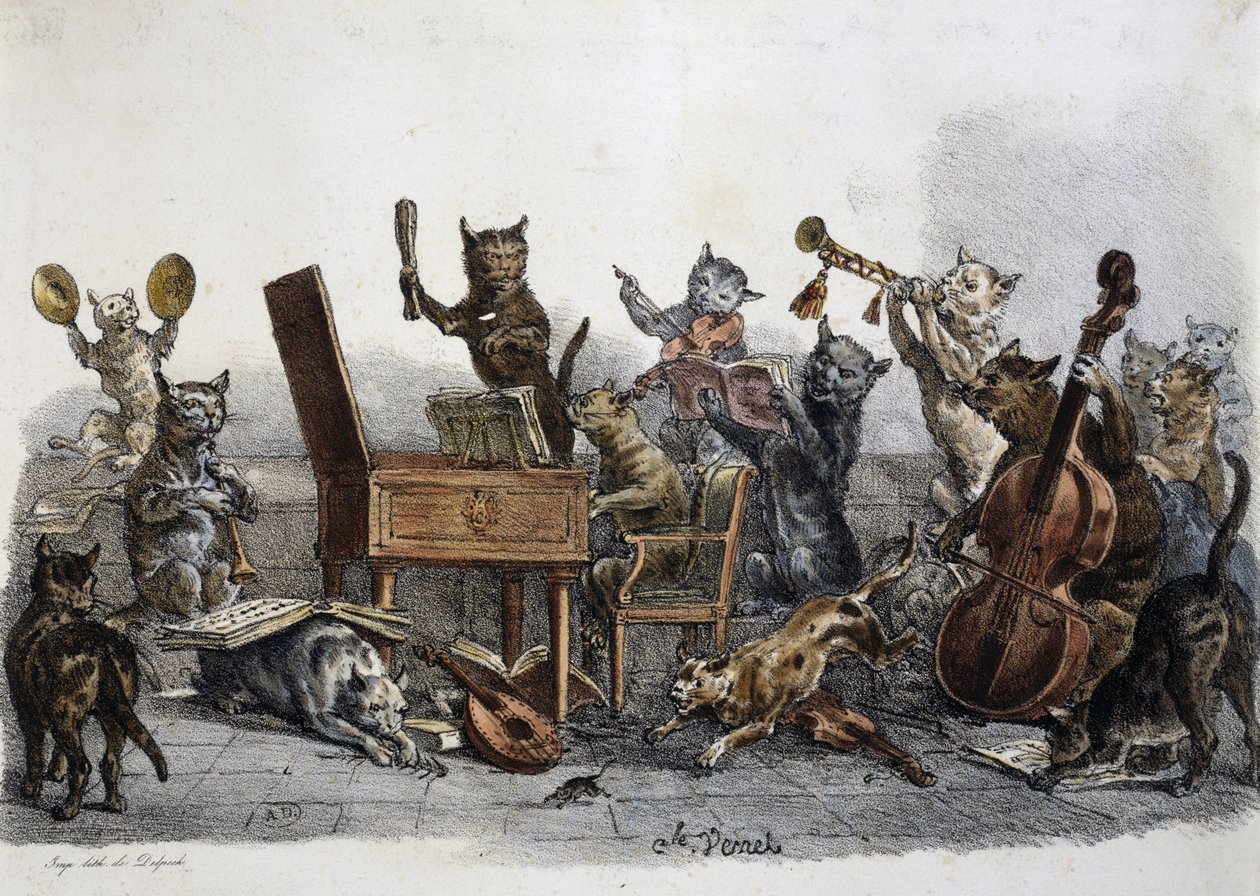 Un concerto amatoriale, caricatura di gatti che suonano strumenti musicali, incisione di Carle Vernet (1758-1836), Francia da Antoine Charles Horace Vernet