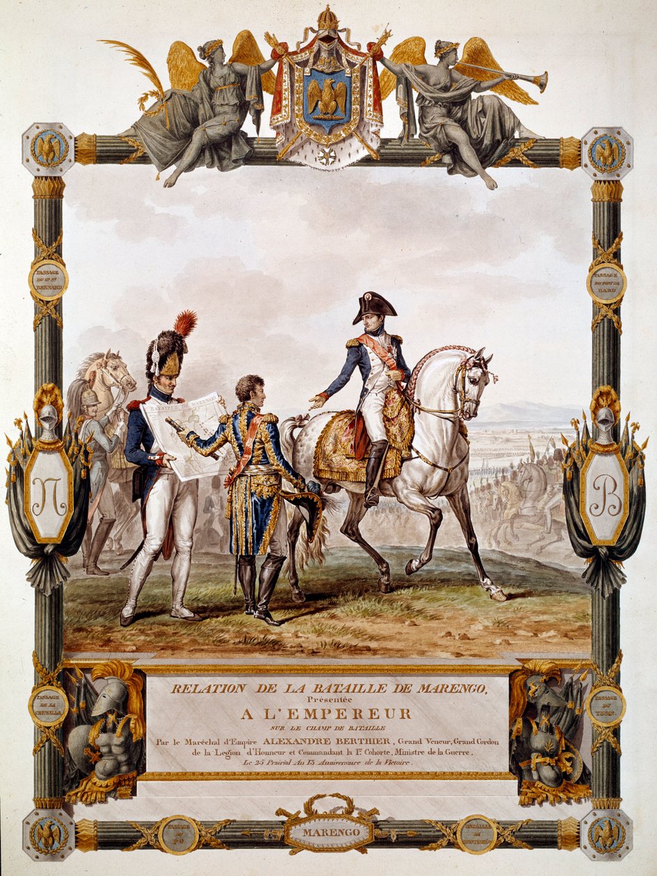 Frontespizio del resoconto della Battaglia di Marengo del 14 giugno 1800: Il maresciallo Berthier mostra la strategia della battaglia a Napoleone I. Illustrazione di Antoine Dit Carle Vernet (1758-1836) da Antoine Charles Horace Vernet