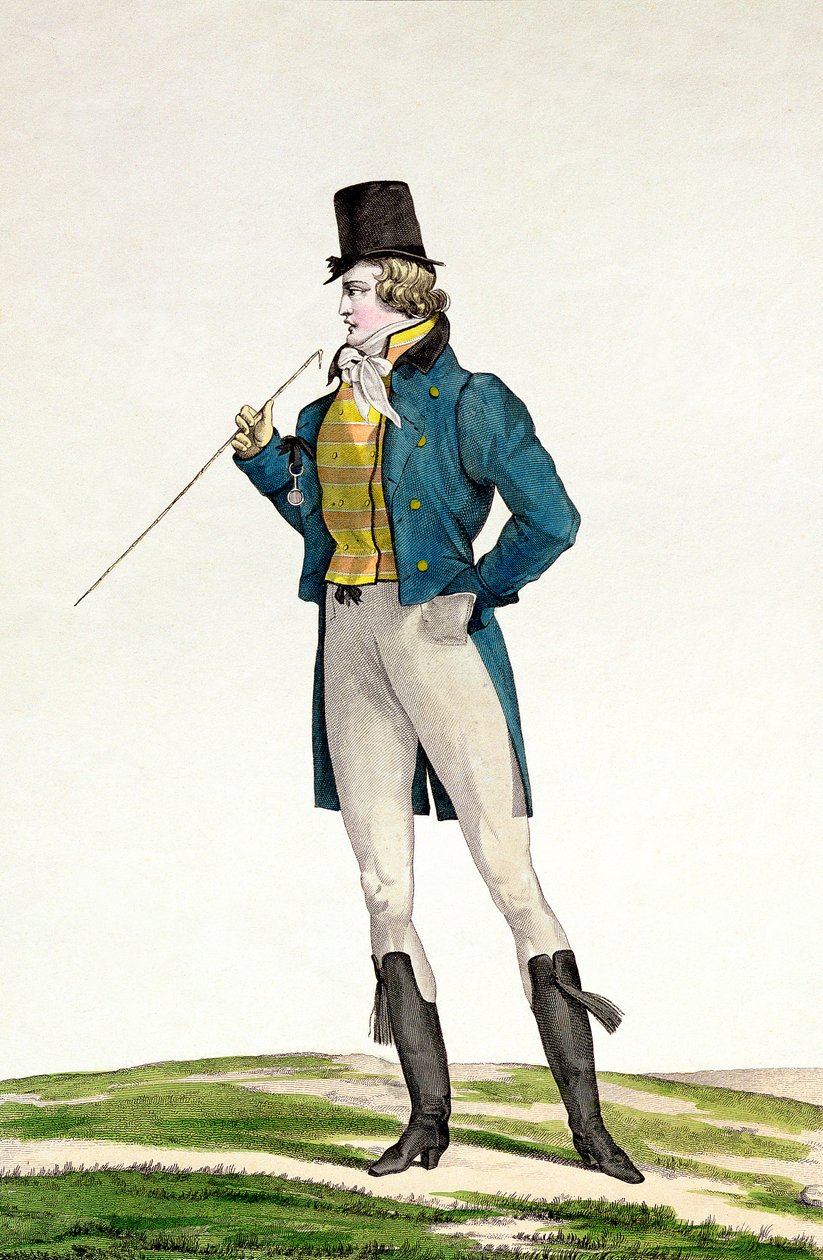 Un Dandy con cappello Robinson, riccioli infantili, pantaloni a maglia e stivali da equitazione, tavola 5 della serie Incroyable et merveilleuse di tavole di moda, inciso da Georges Jacques Gatine da Antoine Charles Horace Vernet