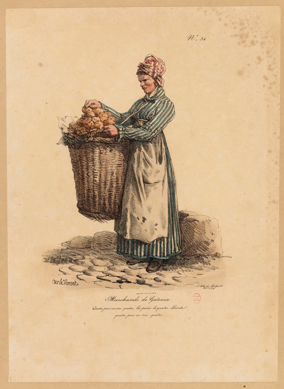Il Venditore di Torte, numero 34 dalla serie Le Grida di Parigi, inciso da François Séraphin Delpech da Antoine Charles Horace Vernet