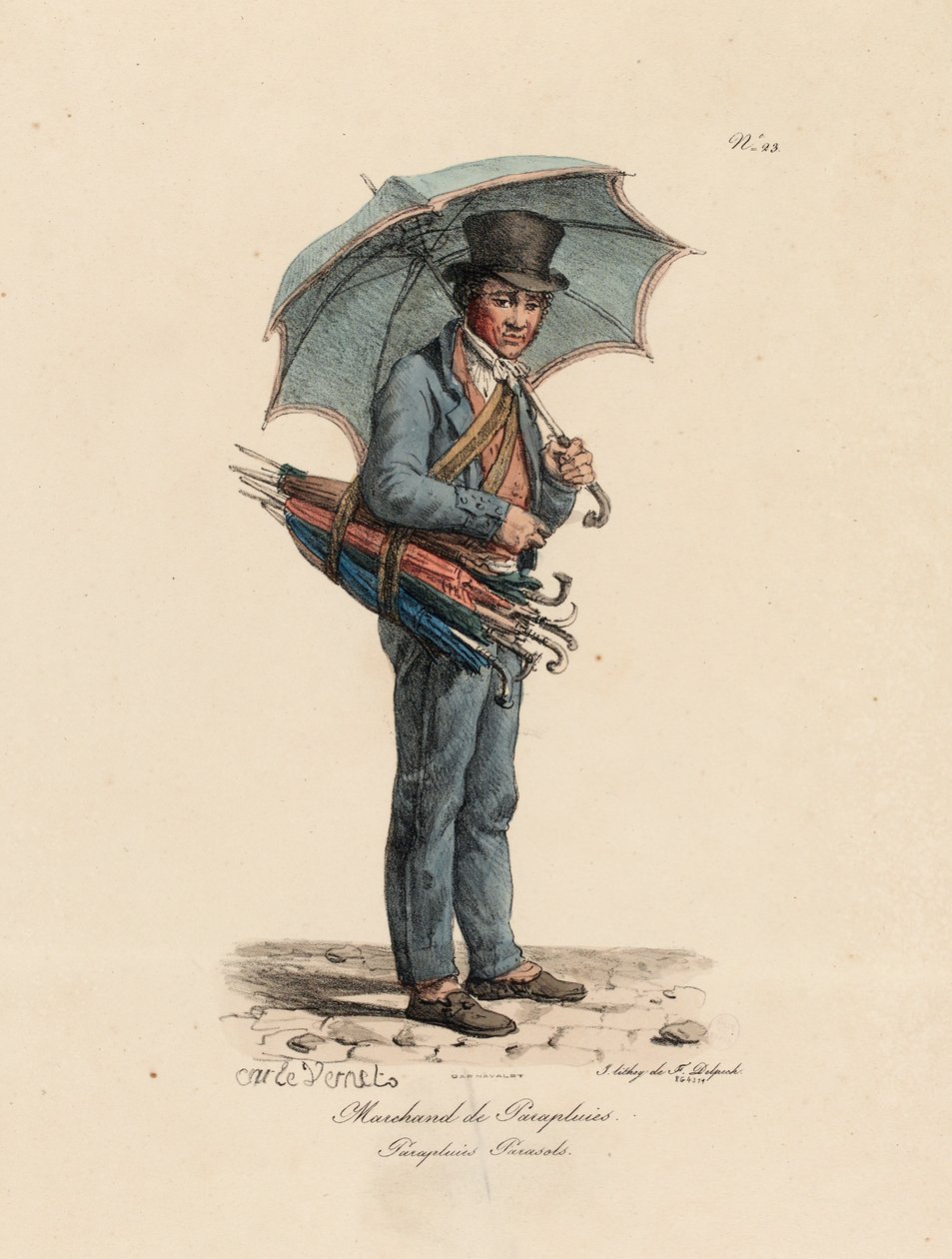 Il Venditore di Ombrelli e Parasoli, numero 23 dalla serie Le Grida di Parigi, inciso da François Séraphin Delpech da Antoine Charles Horace Vernet