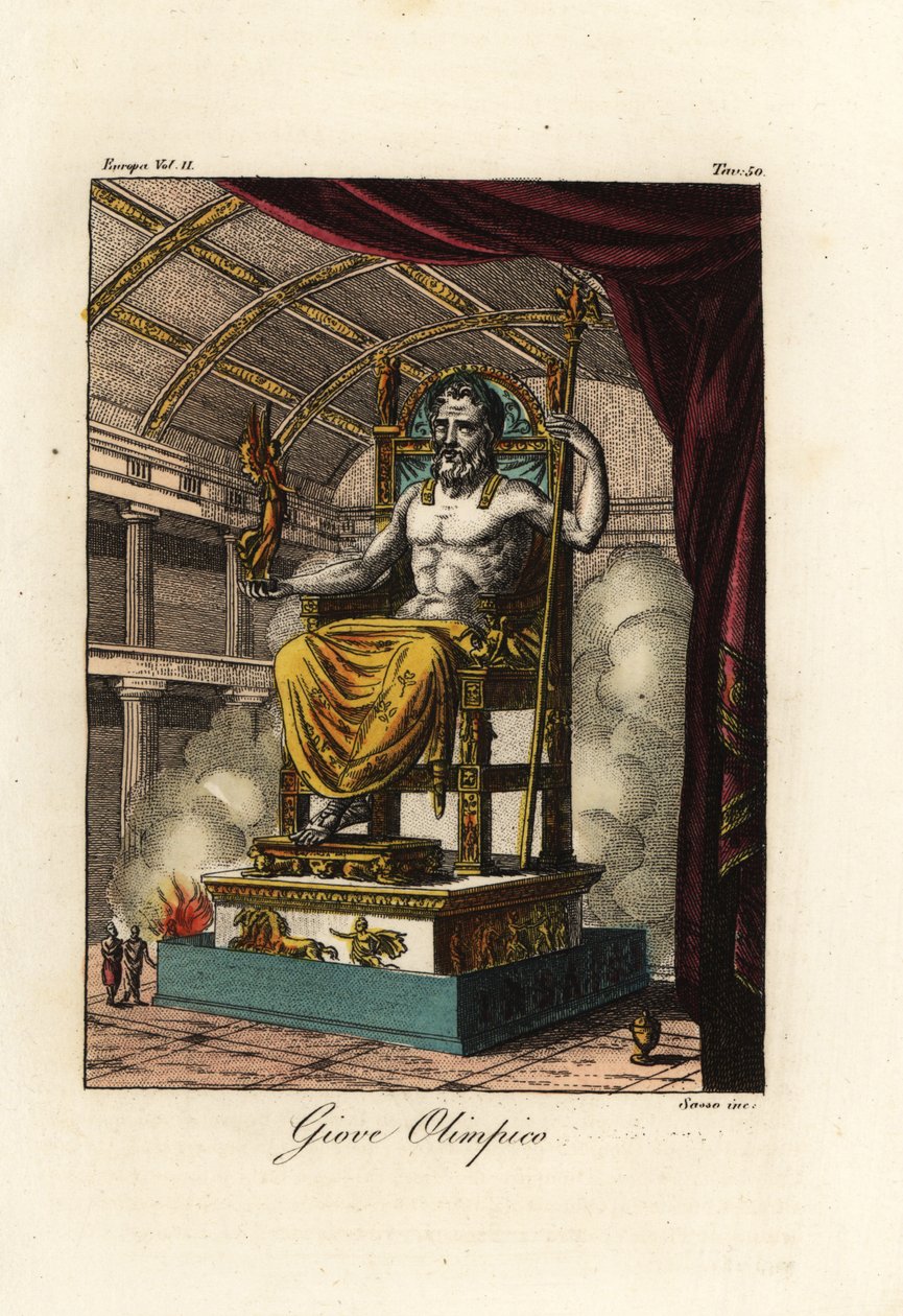 Statua di Zeus o Giove a Olimpia, figura gigante seduta dello scultore greco Fidia intorno al 435 a.C. nel santuario di Olimpia, Grecia da Antoine Chrysostome Quatremère de Quincy