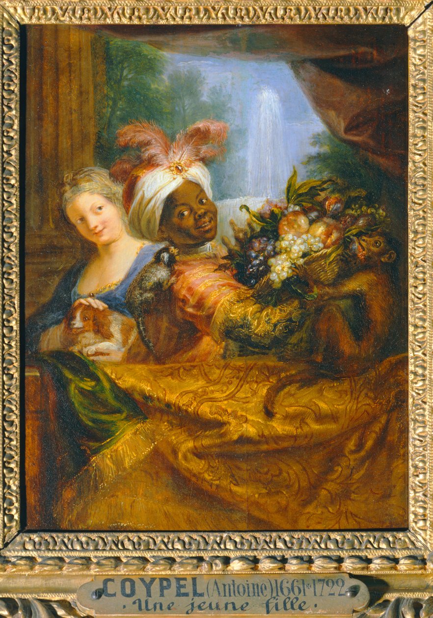 Giovane ragazza nera che tiene un cesto di frutta e giovane ragazza che accarezza un cane - Jeune noir tenant une corbeille de fruits et jeune fille caressant un chien ... da Antoine Coypel