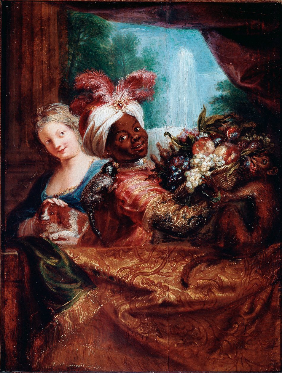 Giovane ragazza che accarezza un cane e servo nero che presenta un cesto di frutta Un piccolo scimmia è sulla sua spalla da Antoine Coypel