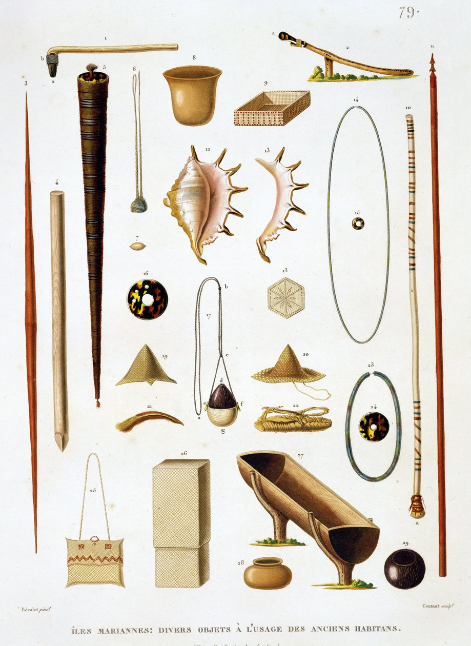 Utensili domestici e armi delle Isole Marianne, da Voyage autour du Monde (1817-20), di Louis Claude Desaulses de Freycinet, inciso da Jean Louis Denis Coutant da Antoine Germain Bevalet