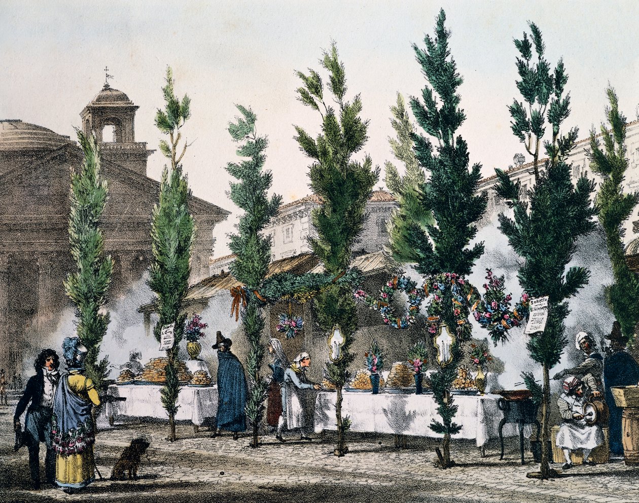 Friggitori di cibo al Pantheon durante la festa di San Giuseppe, incisione di Antoine Jean-Baptiste Thomas da Un an a Rome et dans ses environs, Francia da Antoine Jean Baptiste Thomas