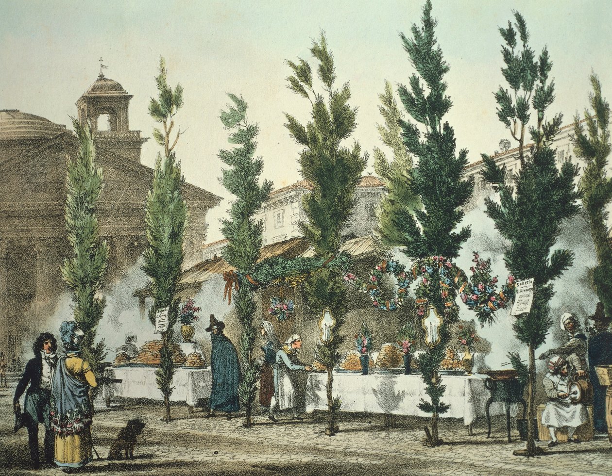 Italia, Roma, venditori di cibo di strada al Pantheon di Antoine Jean-Baptiste Thomas, stampa da Antoine Jean Baptiste Thomas