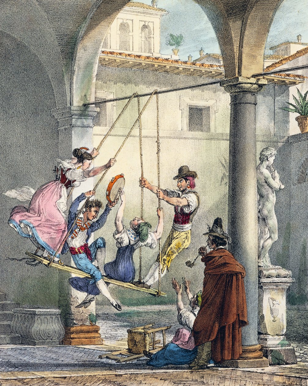 Altalena, incisione di Antoine Jean-Baptiste Thomas (1791-1834) da Un an a Rome et dans ses environs, Francia da Antoine Jean Baptiste Thomas