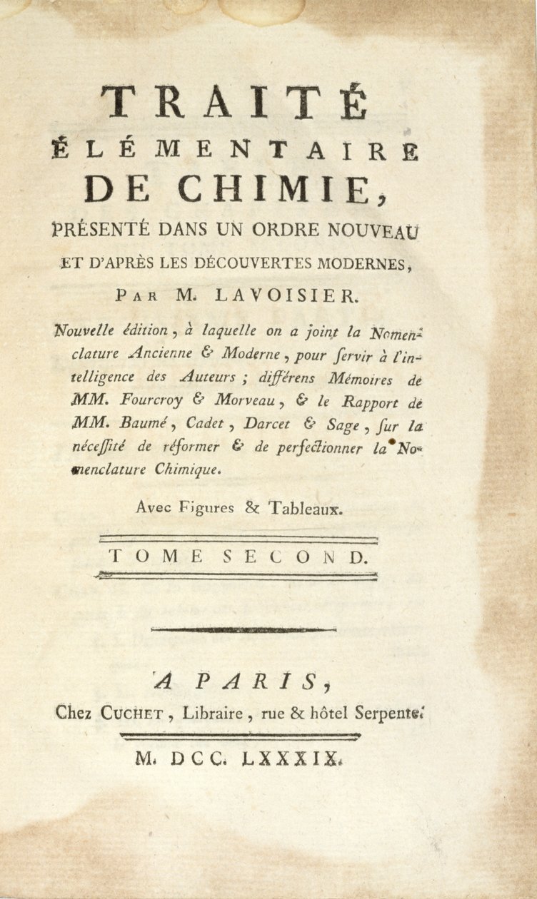 Pagina del titolo di Traite Elementaire de Chimie, Tome II, pubblicato a Parigi da Antoine Laurent de Lavoisier