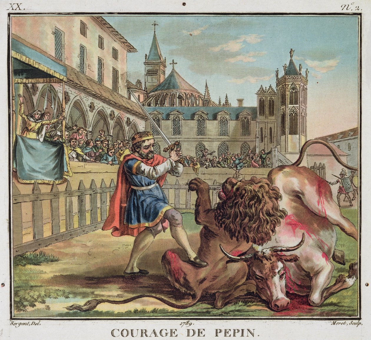 Il coraggio di Pepin (714-68), inciso da Jean Baptiste Morret (fl. 1790-1820) 1789 (incisione colorata) da Antoine Louis Francois (after) Sergent Marceau