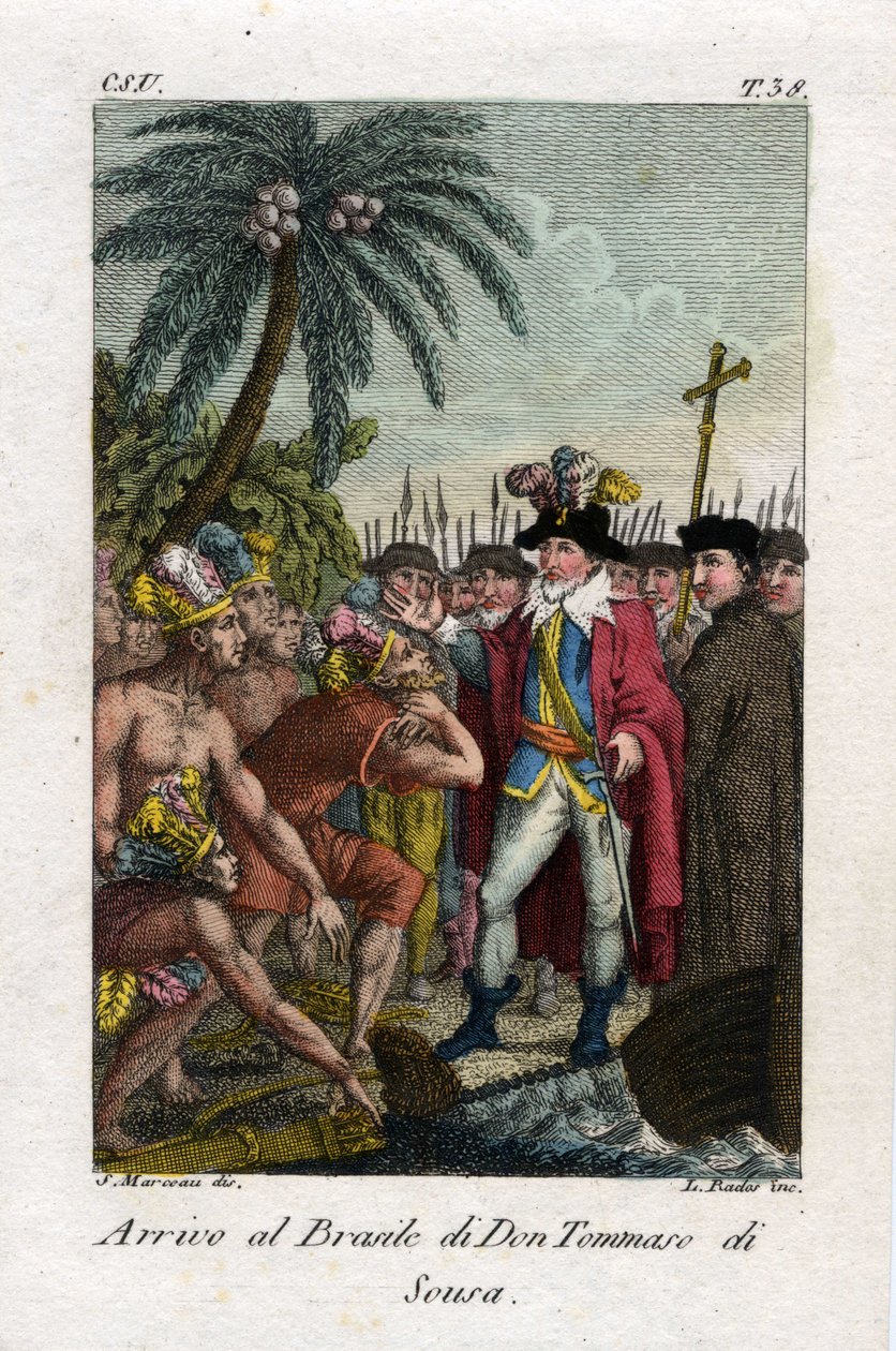 Storia del Brasile: Arrivo in Brasile di Don Tome de Sousa che fonda la città di Bahia (El Salvador). da Antoine Louis Francois Sergent-Marceau