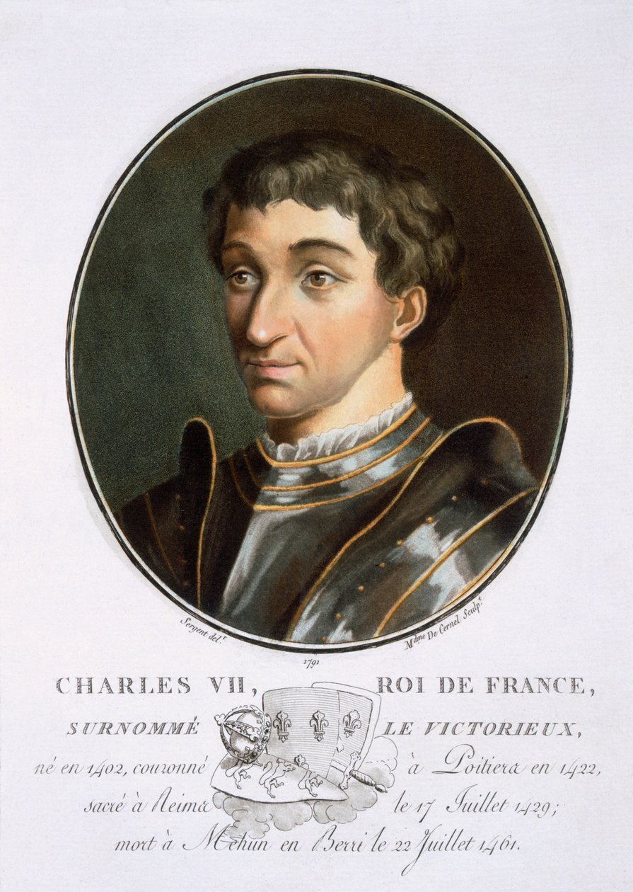 Carlo VII, da Portraits des grands hommes, femmes illustres, et sujets mémorables de France, inciso e stampato a colori, pubblicato da Pierre Blin, 1786-92, Parigi da Antoine Louis Francois Sergent Marceau