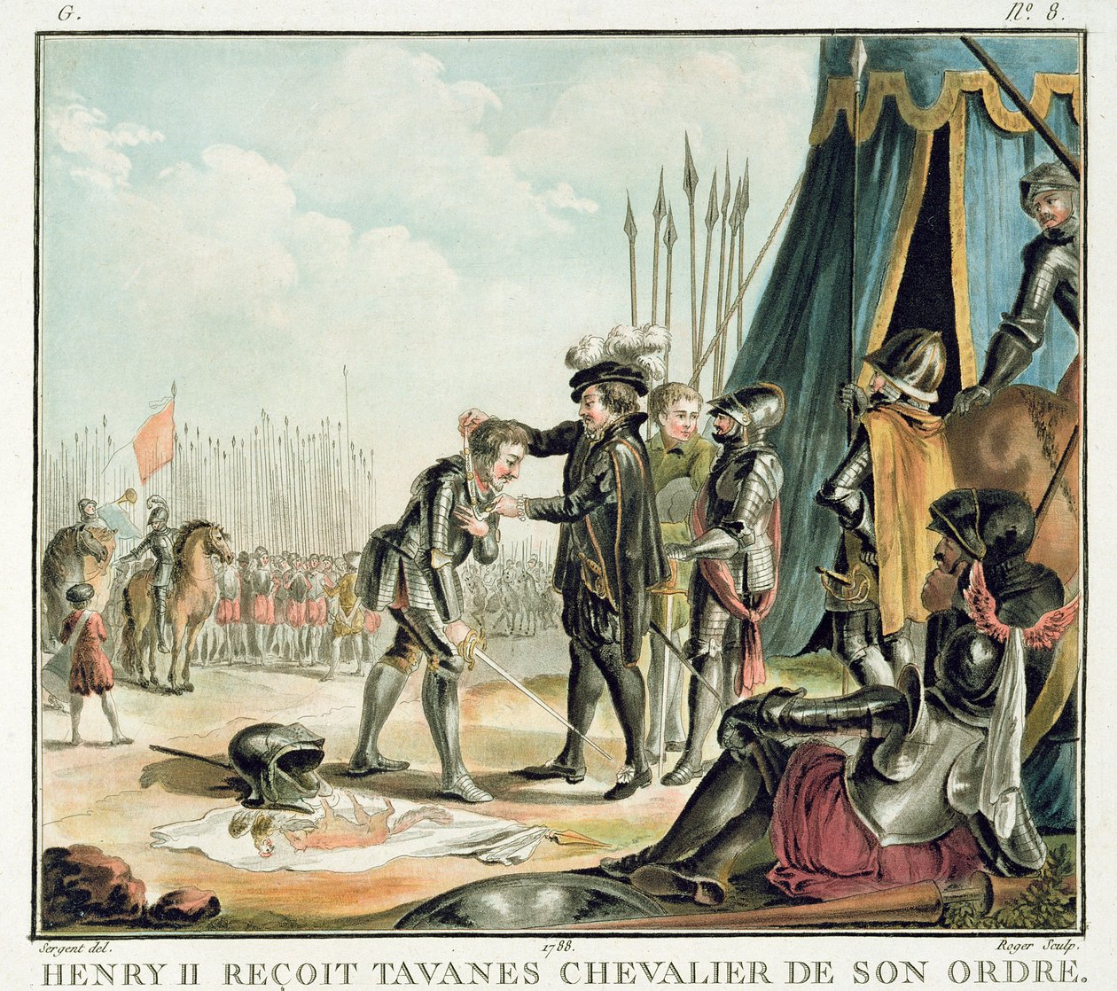Enrico II (1519-59) riceve Jean de Tavanes come cavaliere nel suo ordine, inciso da Roger, 1788 da Antoine Louis Francois Sergent Marceau