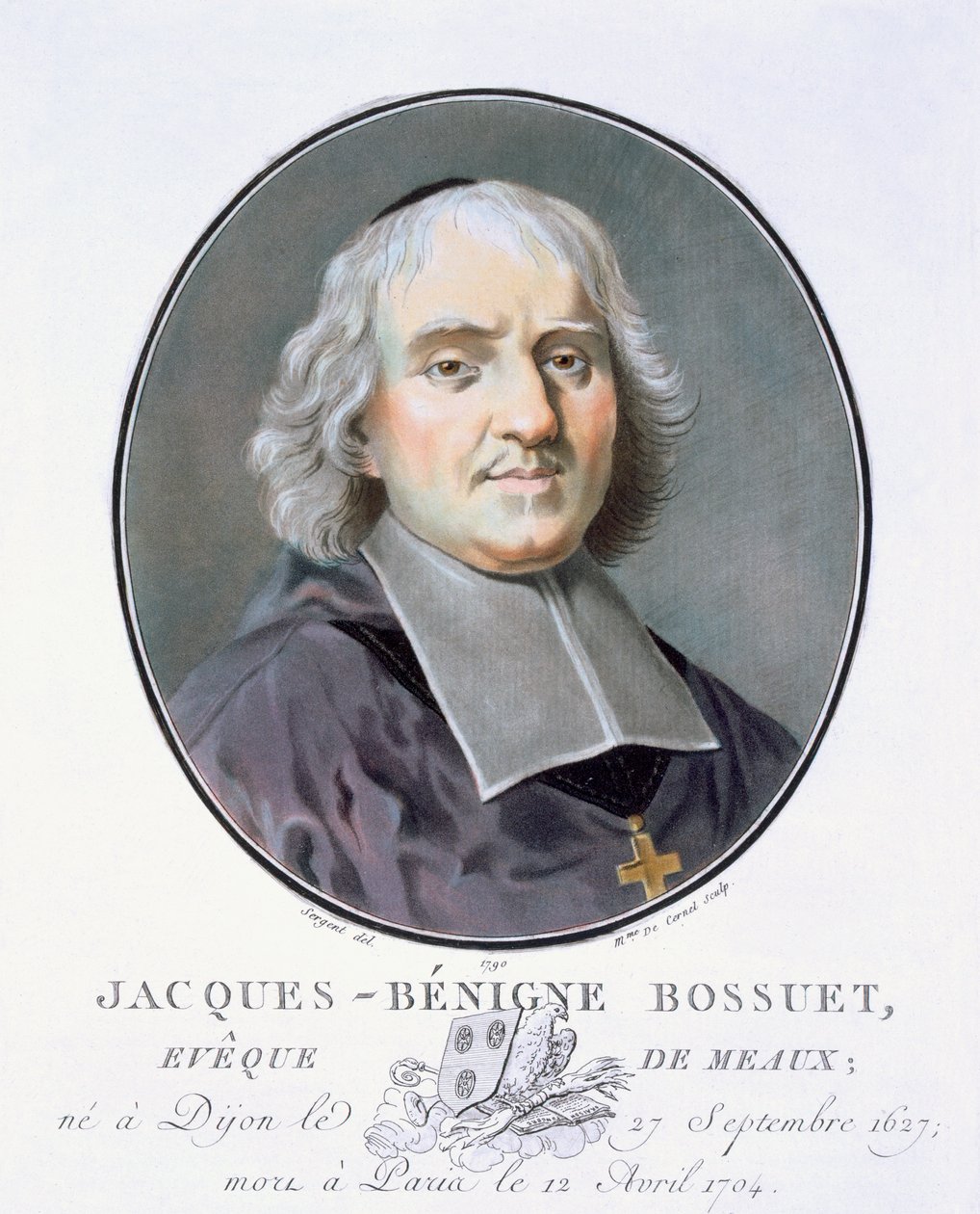 Jacques-Bénigne Bossuet, da Portraits des grands hommes, femmes illustres, et sujets mémorables de France, inciso e stampato a colori, pubblicato da Pierre Blin, 1786-92, Parigi da Antoine Louis Francois Sergent Marceau