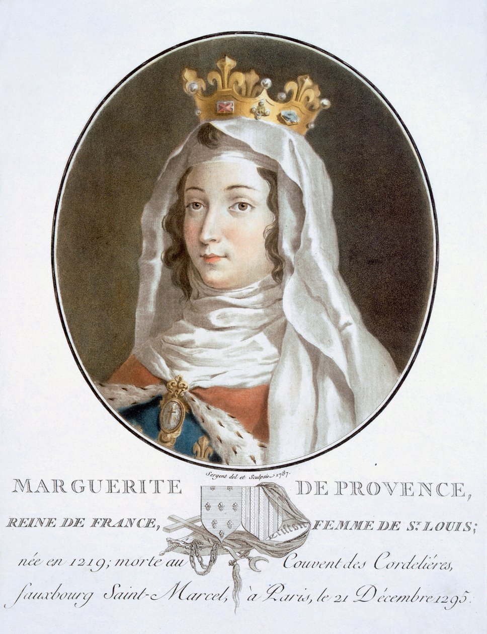 Margherita di Provenza, da Portraits des grands hommes, femmes illustres, et sujets mémorables de France, inciso e stampato a colori, pubblicato da Pierre Blin, 1786-92, Parigi da Antoine Louis Francois Sergent Marceau