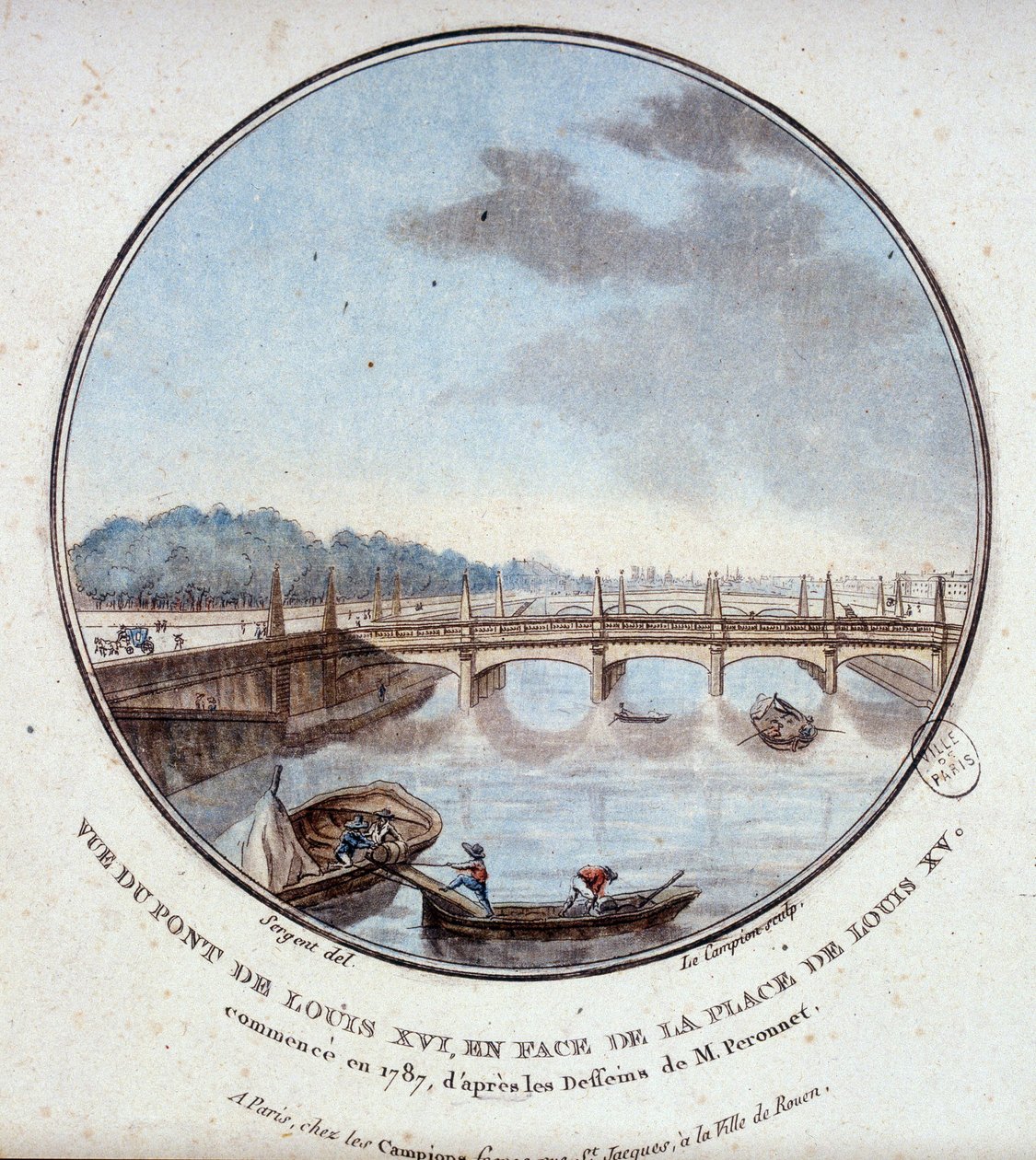 Veduta del ponte di Luigi XVI, di fronte alla piazza di Luigi XV, iniziato nel 1787 secondo i disegni del Sig. Peronnet. In vedute pittoresche dei principali edifici di Parigi di Sergeant da Antoine Louis Francois Sergent Marceau