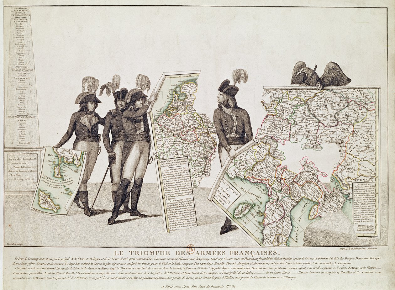 Il trionfo degli eserciti francesi, Napoleone e i suoi generali con le mappe delle loro vittorie al tempo della Pace di Loeben, 18 aprile 1797 da Antoine Maxime Monsaldy
