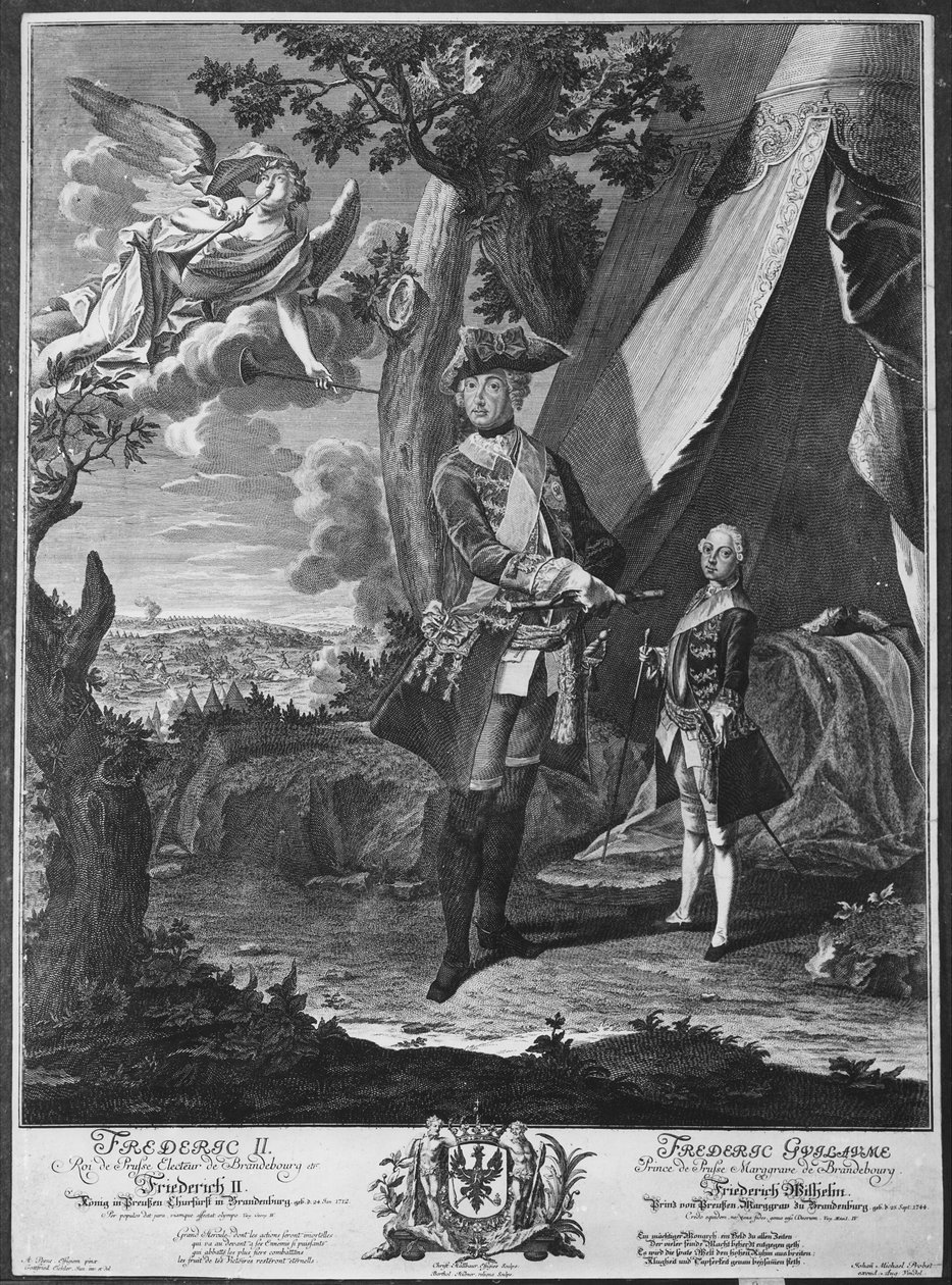 Federico II (1712-86) e suo nipote Federico Guglielmo II (1744-97), inciso da Johann Probst (1673-1750) da Antoine Pesne