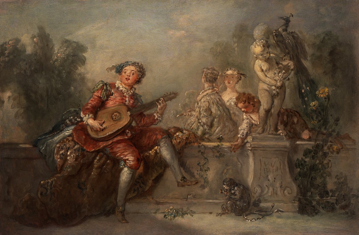 Suonatore di liuto con compagnia in un parco da Antoine Pesne