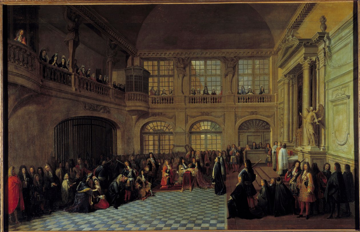 Re Luigi XIV riceve il giuramento del Marchese de Dangeau, gran maestro degli ordini riuniti di Nostra Signora del Monte Carmelo e San Lazzaro, nella cappella del castello di Versailles, il 18 dicembre 1695 da Antoine Pezey