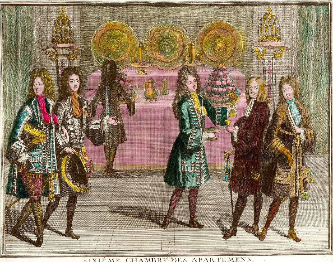 Buffet per spuntini nella sesta camera degli appartamenti della famiglia di Luigi XIV durante le serate di appartamento a Versailles intorno al 1696 da Antoine Trouvain