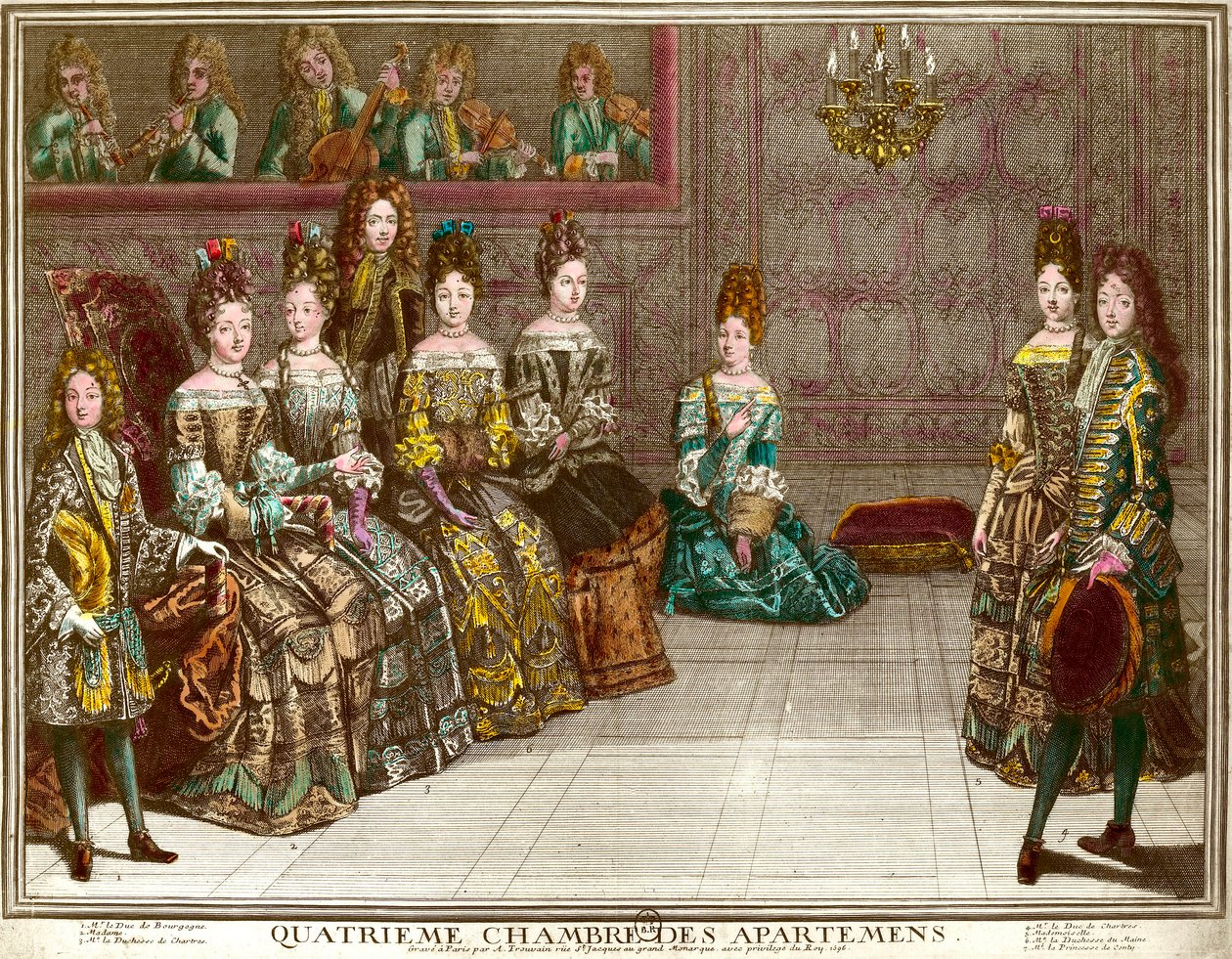 Danza nella quarta camera degli appartamenti della famiglia di Luigi XIV (1638-1715) durante le serate di appartamento a Versailles intorno al 1696: il Duca di Chartres danza il minuetto con Mademoiselle alla presenza della Duchessa del Maine, il Duca di B da Antoine Trouvain