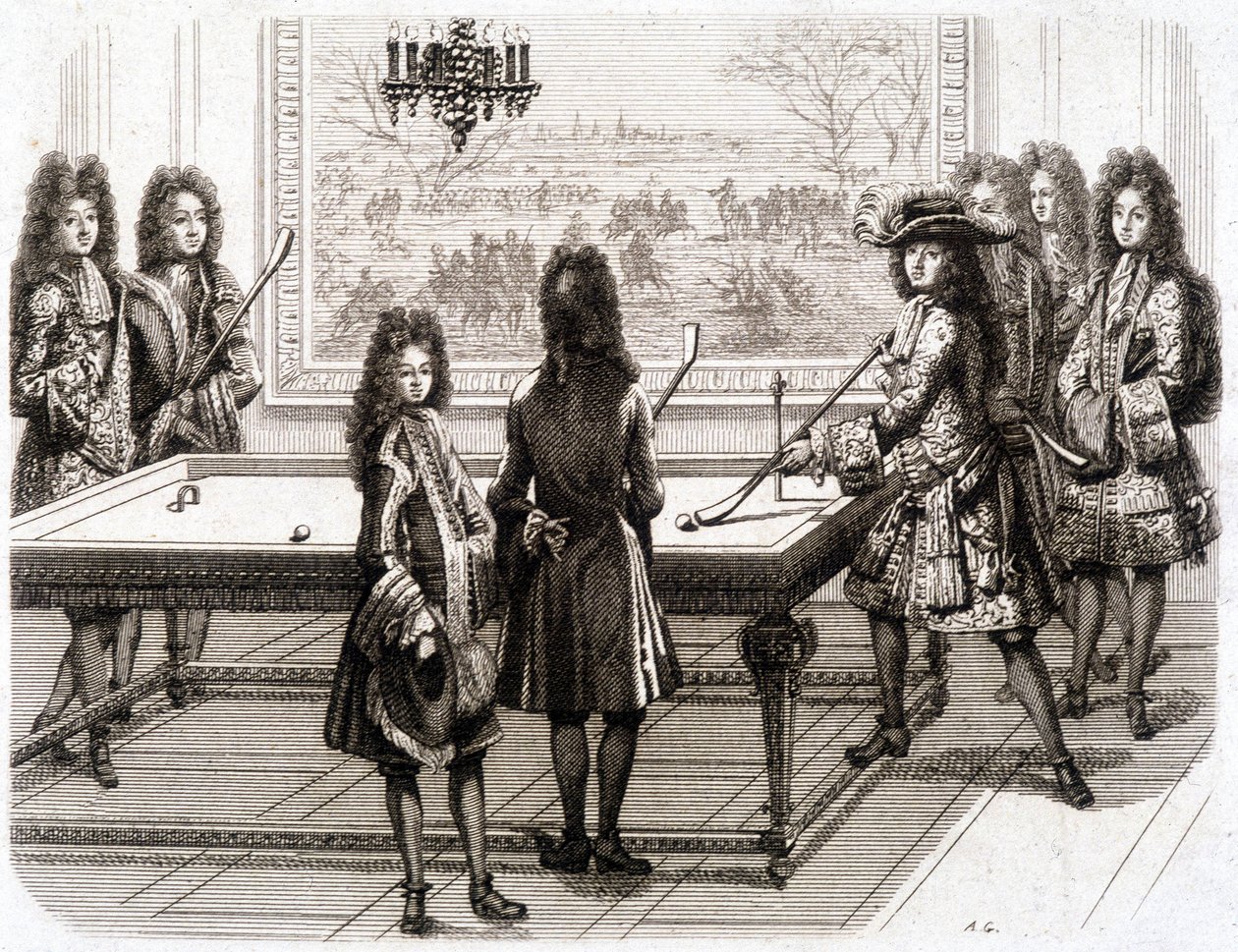 Luigi XIV che gioca a biliardo (con Monsieur (fratello del re), Duca di Vendôme, Conte di Tolosa, Chamillart, il Re, M. d