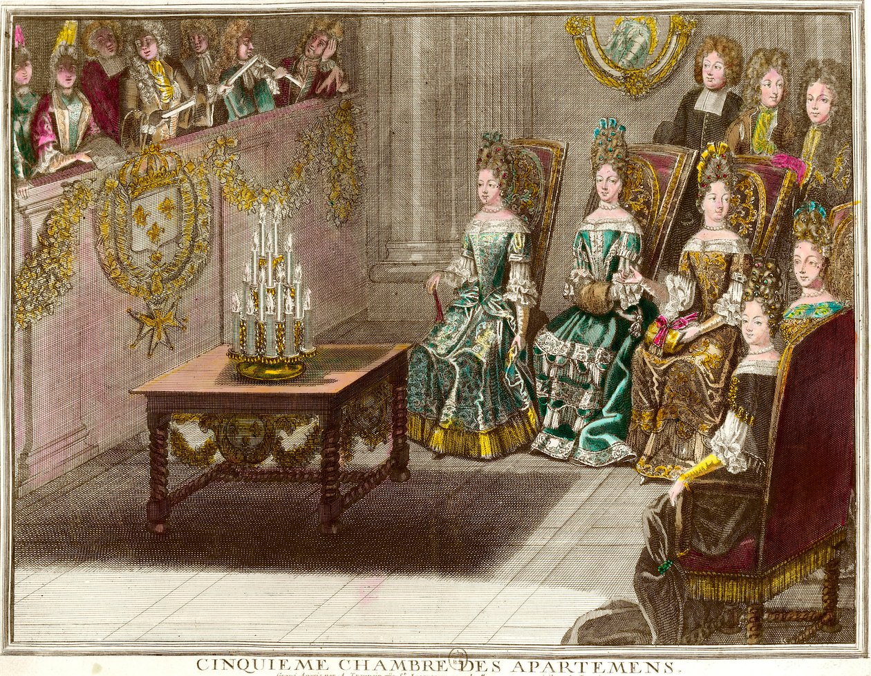 Sessione musicale nella quinta camera degli appartamenti della famiglia di Luigi XIV durante le serate di appartamento a Versailles intorno al 1694 da Antoine Trouvain
